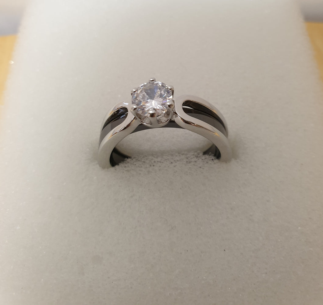 Lokaer 2 layers Black/White Ceramic Crystal Wedding Rings Jewelry AAA Zircon Stainless Steel Rhinestone Engagement
